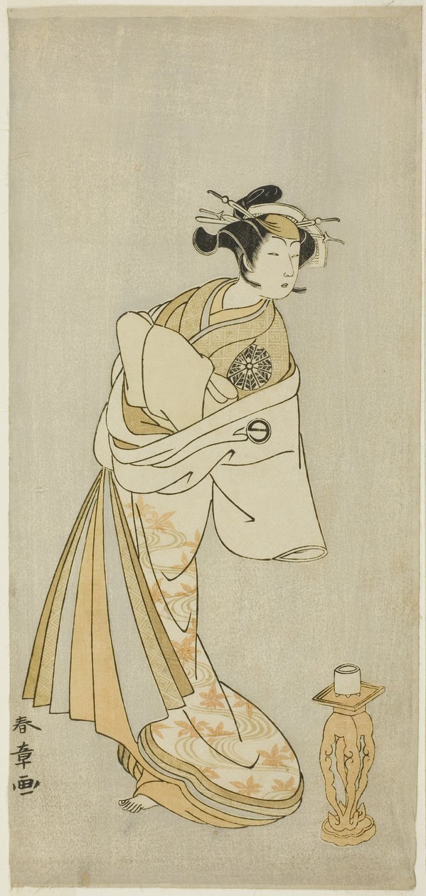 De acteur Nakamura Noshio I als de geest van de courtisane Takao, in de Shosagoto-dansreeks "Sono Utsushi-e Matsu ni Kaede" (Een schaduwbeeld van den en esdoorn), de laatste scène van deel twee van het stuk Keisei Momiji no Uchikake (Courtisane in een Over door Katsukawa Shunsho