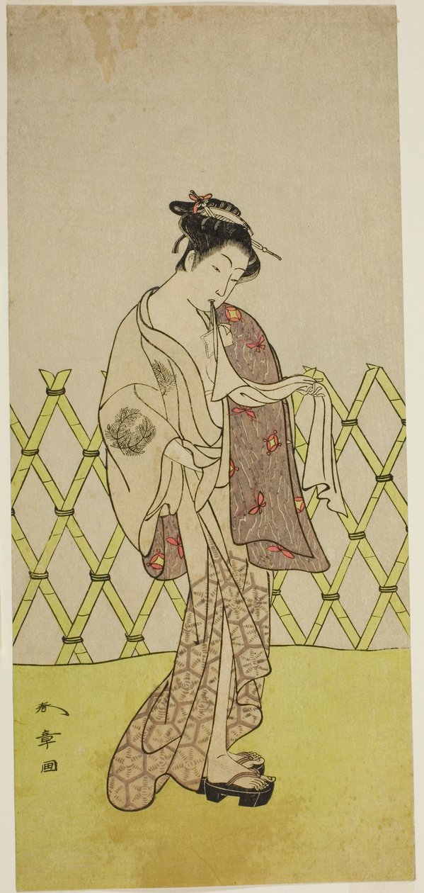 De acteur Nakamura Riko I als Hakata no Kojoro (?) in het stuk Shitenno-ji Nobori Kuyo, uitgevoerd in het Ichimura Theater in de achtste maand, 1773 door Katsukawa Shunsho