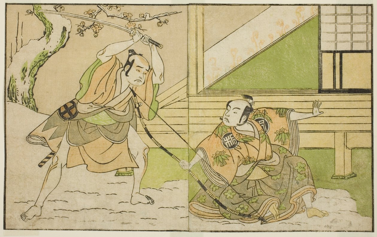 De acteurs Arashi Sangoro II als Hojo Tokiyori (rechts), en Otani Hiroji III als Koga Saburo (links), in het stuk Kono Hana Yotsugi no Hachi no Ki, uitgevoerd in het Ichimura Theater in de elfde maand, 1771 door Katsukawa Shunsho