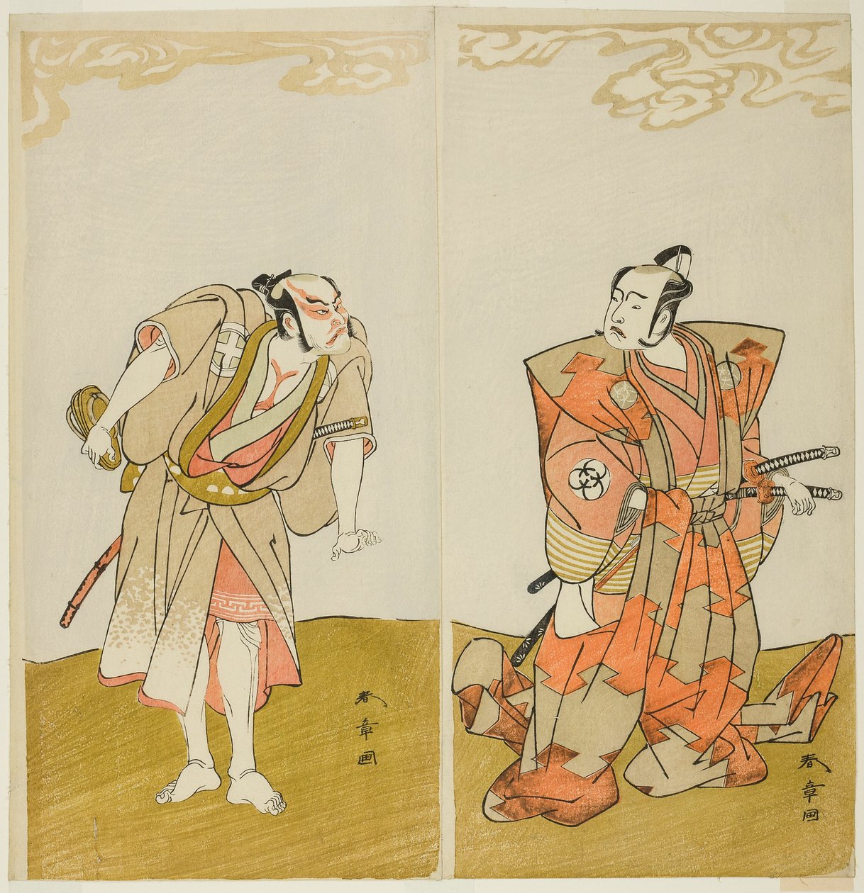 De acteurs Bando Mitsugoro I als Hata no Kawakatsu (rechts), en Otani Hiroemon III als de bediende (Yakko) Gansuke (links), in het stuk Miya-bashira Iwao no Butai (Heiligdompilaren op een stenen basis), uitgevoerd in het Morita Theater vanaf de vijftiende  door Katsukawa Shunsho