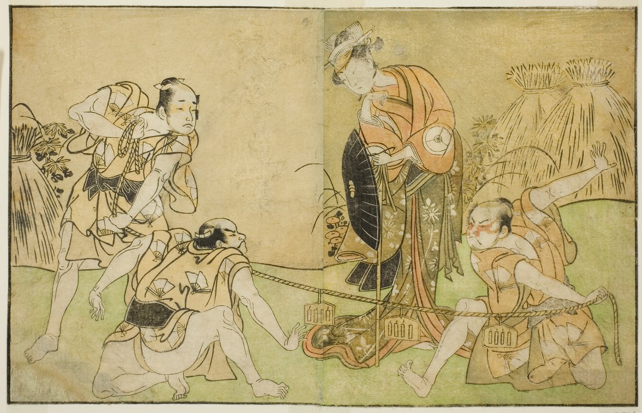 De acteurs Bando Zenji I als Nagahashi Saburo, Iwai Hanshiro IV als Otatsu-gitsune, Nakamura Konozo als Hagai Ujitsune, en een niet-geïdentificeerde acteur (van rechts naar links), in het stuk Nue no Mori Ichiyo no Mato, uitgevoerd in het Nakamura Theater  door Katsukawa Shunsho