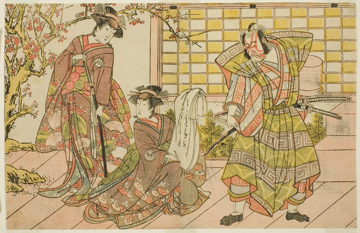 De acteurs Ichikawa Danjuro V als Miura Kunitae (rechts), Segawa Kikunojo III als Yasukata (midden), en Iwai Hanshiro IV als Utou (links), in het stuk Godai Genji Mitsugi no Furisode, uitgevoerd in het Nakamura Theater in de elfde maand, 1782 door Katsukawa Shunsho