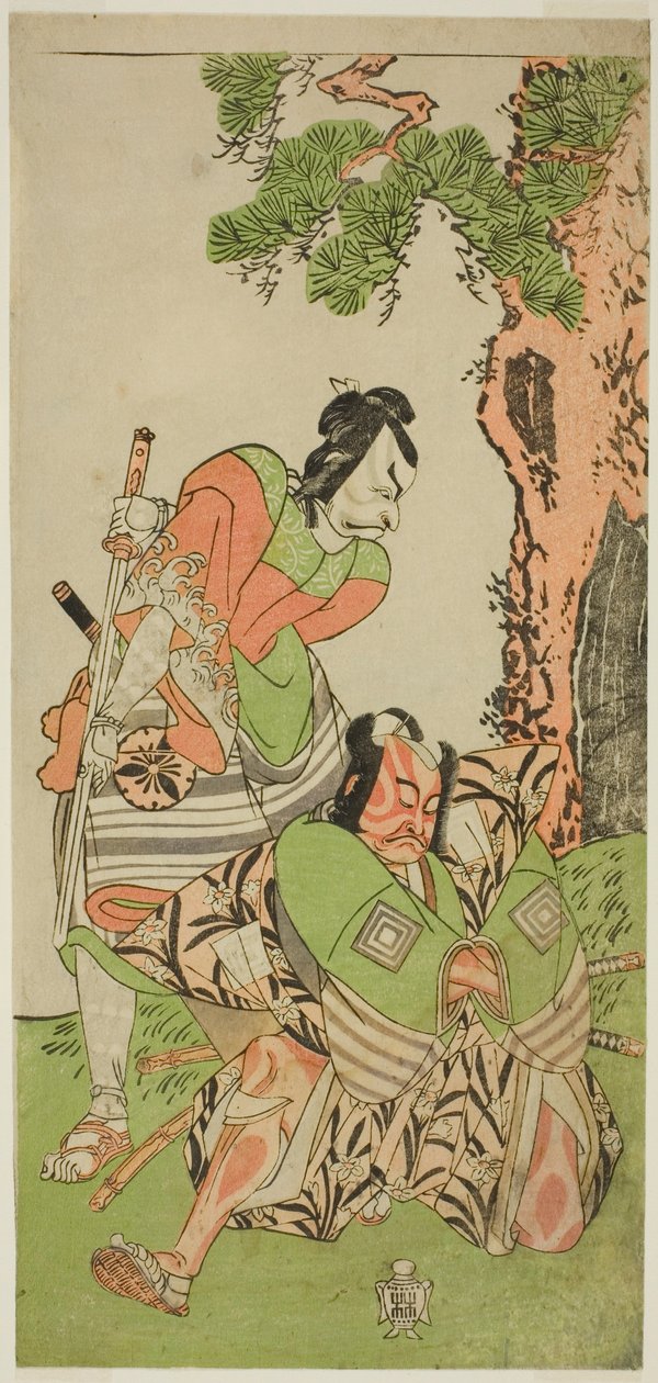 De Acteurs Ichikawa Danzo III als I no Hayata Tadazumi (rechts), en Matsumoto Koshiro II als Osada no Taro Kagemune Vermomd als Yatsurugi Zaemon (links), in het stuk Nue no Mori Ichiyo no Mato, opgevoerd in het Nakamura Theater in de elfde maand, 1770 door Katsukawa Shunsho