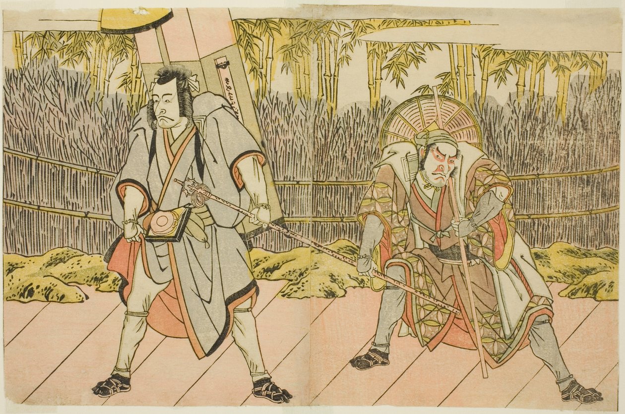 De acteurs Ichikawa Danzo IV als Arakawa Taro Takesada vermomd als de draagstoeldrager Tarobei (rechts), en Ichikawa Danjuro V als Abe no Sadato vermomd als de pelgrim Kuriyagawa Jirodayu (links), in het toneelstuk Godai Genji Mitsugi no Furisode, uitgevoe door Katsukawa Shunsho
