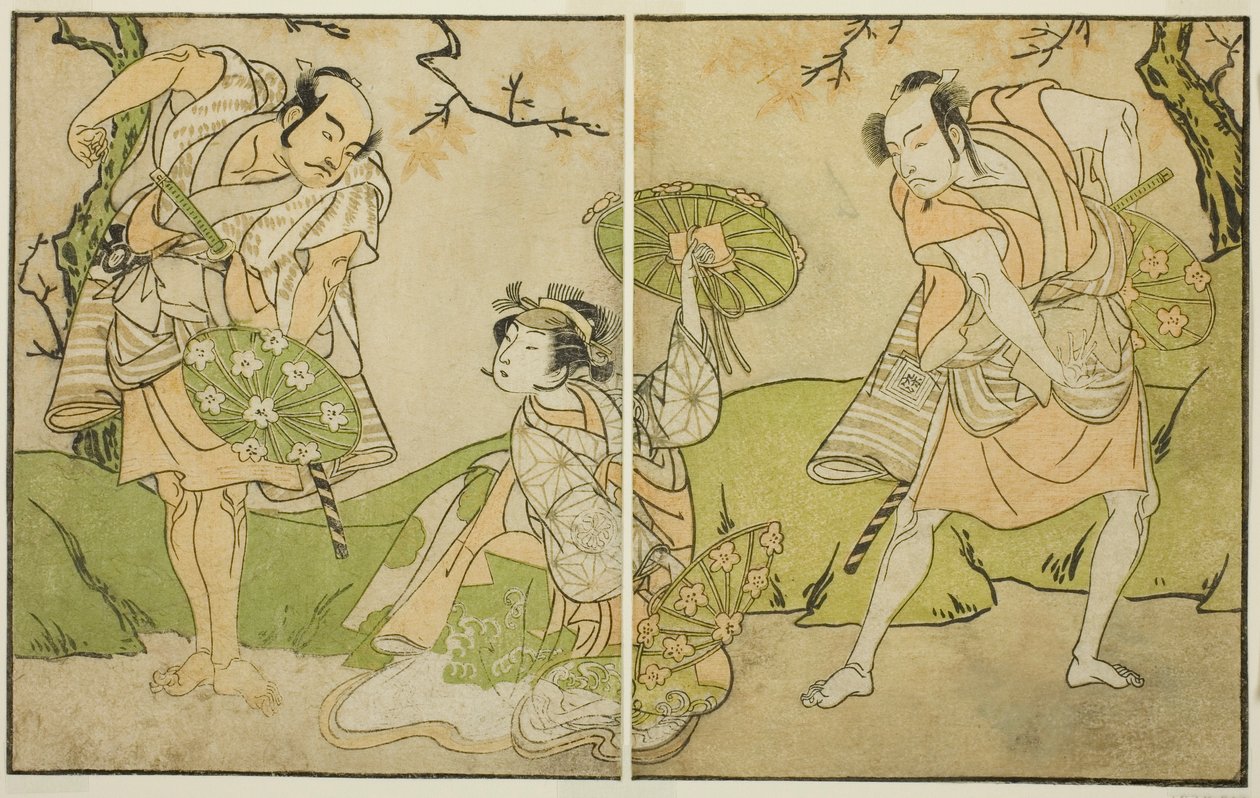 De Acteurs Ichikawa Somegoro (rechts), Segawa Kikunojo II (midden), en Bando Sampachi (links), in Onbekende Rollen in het Toneelstuk Myoto-giku Izu no Kisewata, Opgevoerd in het Ichimura Theater in de Elfde Maand, 1770 door Katsukawa Shunsho