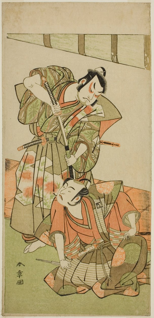 De acteurs Ichikawa Yaozo II als Konoshita Hyokichi en Sakata Hangoro II als Matsunaga Daizen Hisahide, in het toneelstuk Gion Sairei Shinko Ki, uitgevoerd in het Ichimura Theater in de vijfde maand, 1775 door Katsukawa Shunsho