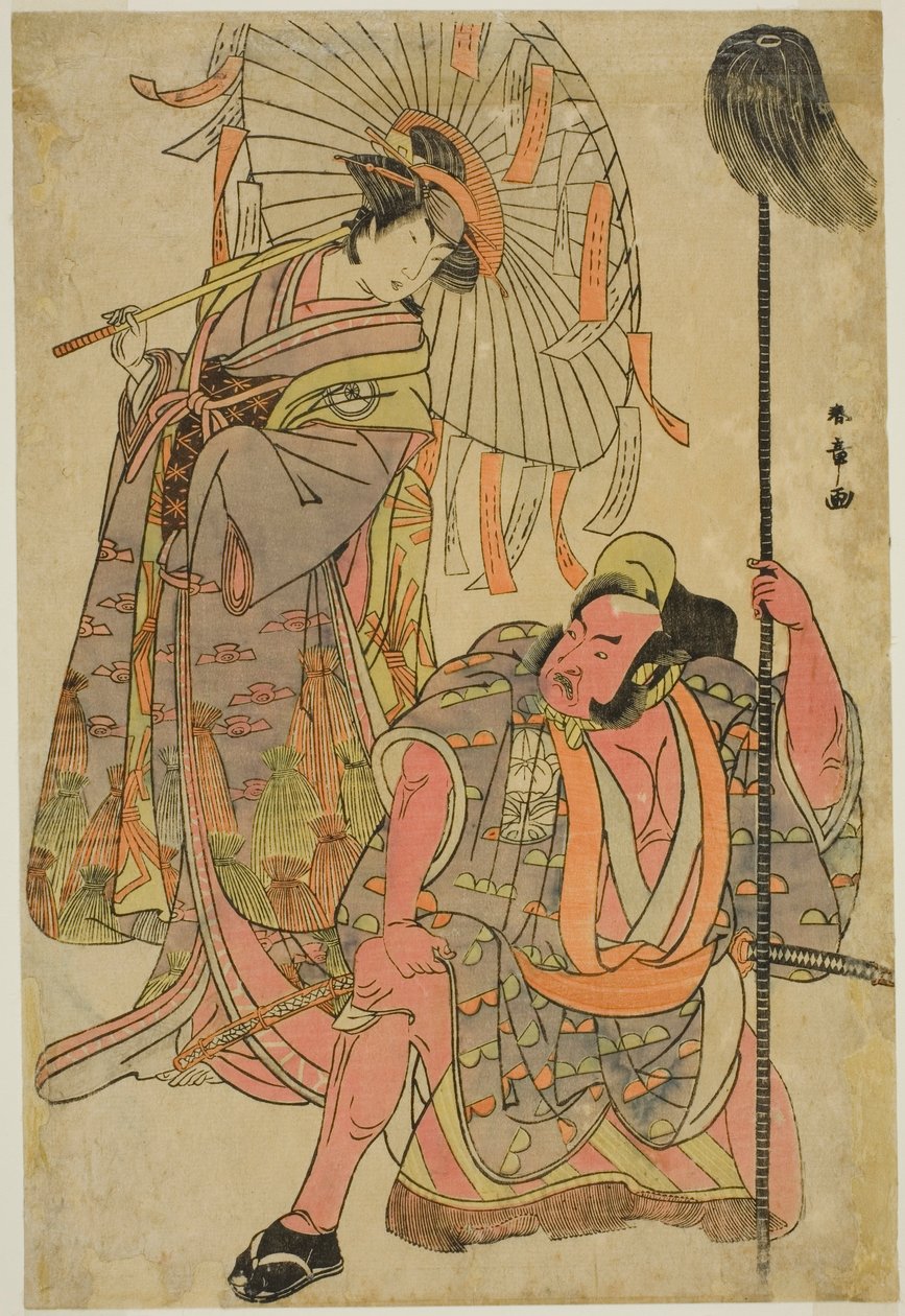 De Acteurs Ichimura Uzaemon IX als Hata no Daizen Taketora Vermomd als de Yakko Matahei (rechts), en Iwai Hanshiro IV als Umegae Vermomd als de Gedichtendiviner Omatsu (links), in het Toneelstuk Mukashi Otoko Yuki no Hinagata, Opgevoerd in het Ichimura The door Katsukawa Shunsho