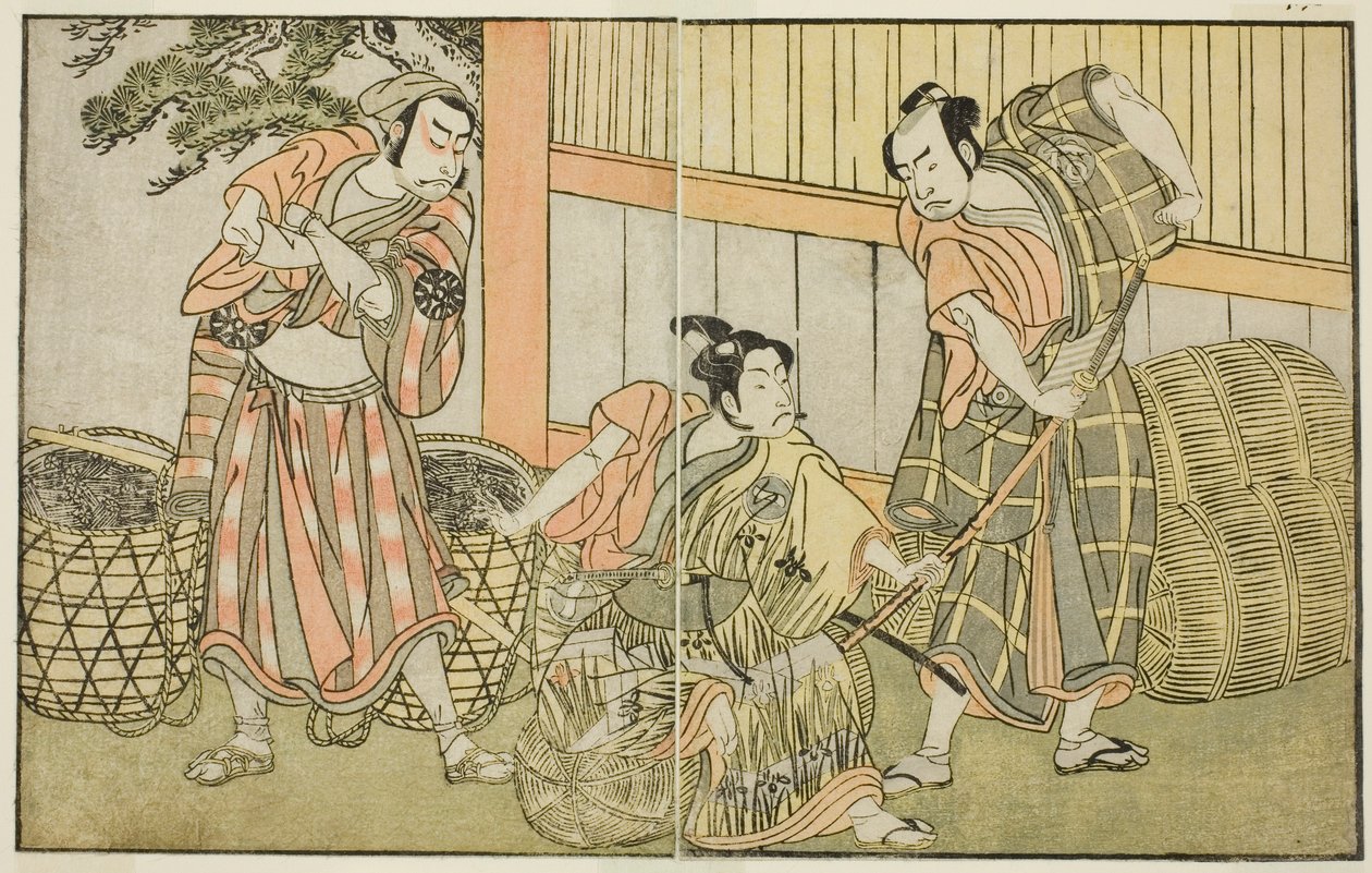 De Acteurs Kasaya Matakuro II als Hagun Taro (rechts), Ichikawa Monnosuke II als Izutsu no Suke Narihira (midden), en Nakamura Nakazo I als Kose no Kanaoka Vermomd als Sogoro de Houtskoolmaker, in het Toneelstuk Kuni no Hana Ono no Itsumoji, Opgevoerd in d door Katsukawa Shunsho