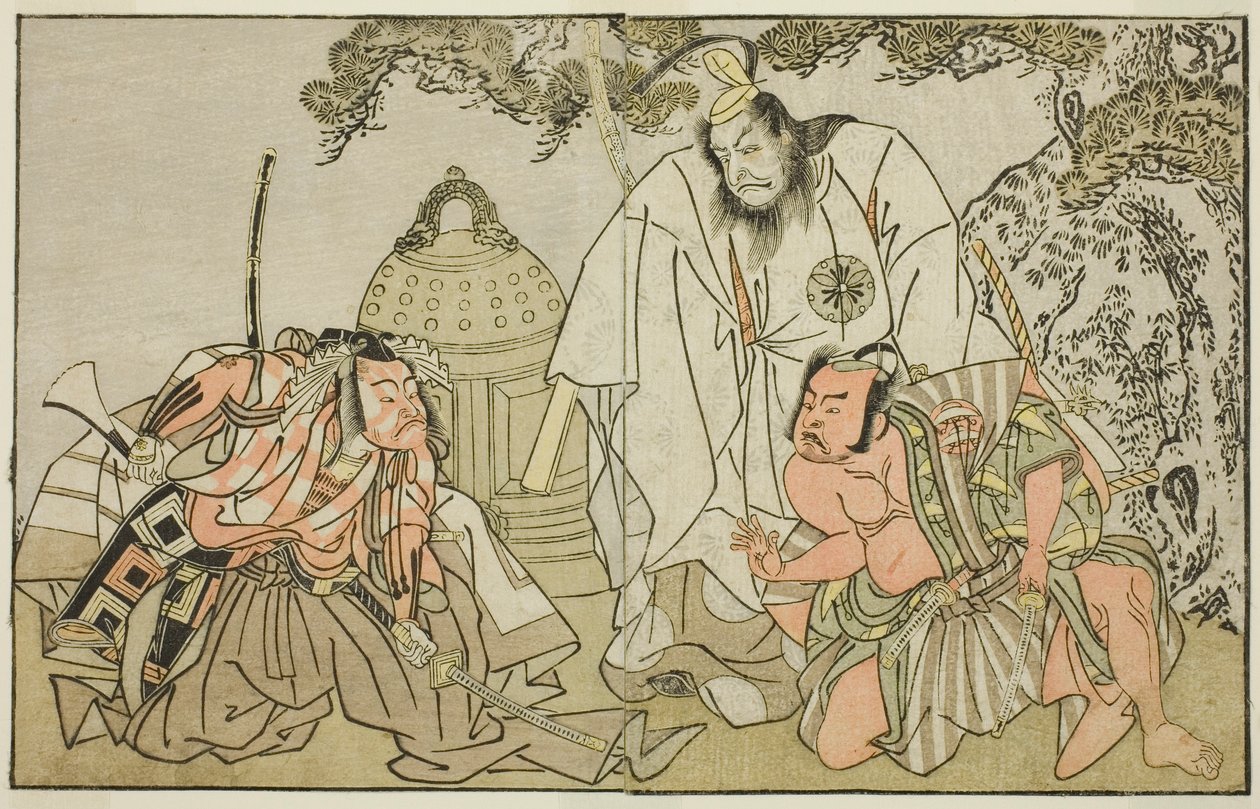 De Acteurs Nakajima Mihoemon II als Aramaki Mimishiro (rechts), Matsumoto Koshiro II als Otomo no Yamanushi (midden), en Ichikawa Danzo III als Hannya no Goro (links), in het Toneelstuk Kuni no Hana Ono no Itsumoji, Opgevoerd in het Nakamura Theater in de  door Katsukawa Shunsho