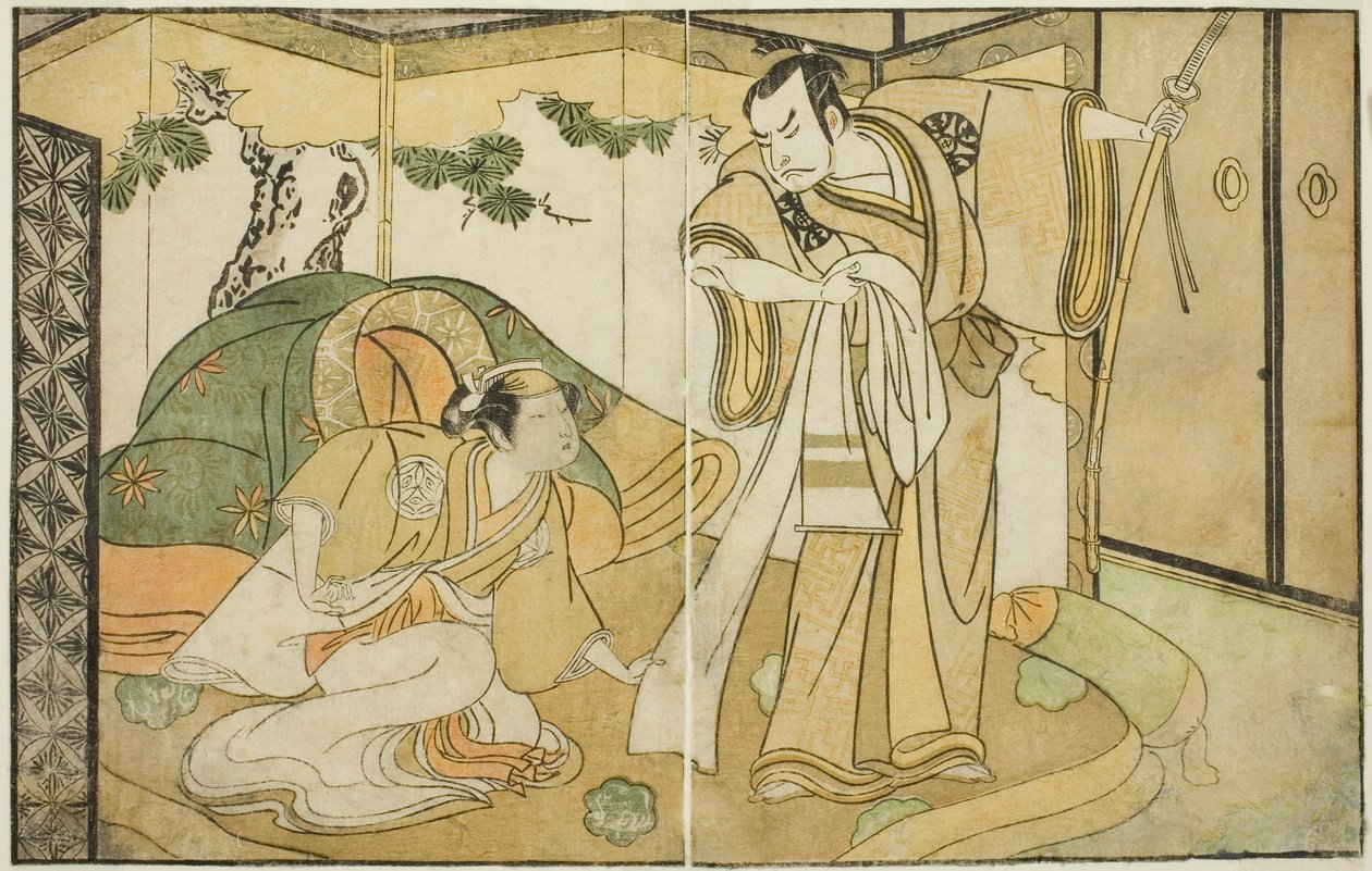 De acteurs Nakamura Nakazo I als Taira no Kiyomori (rechts), en Yamashita Kinsaku II als Tokiwa Gozen (links), in het stuk Nue no Mori Ichiyo no Mato, uitgevoerd in het Nakamura Theater in de elfde maand, 1770 door Katsukawa Shunsho