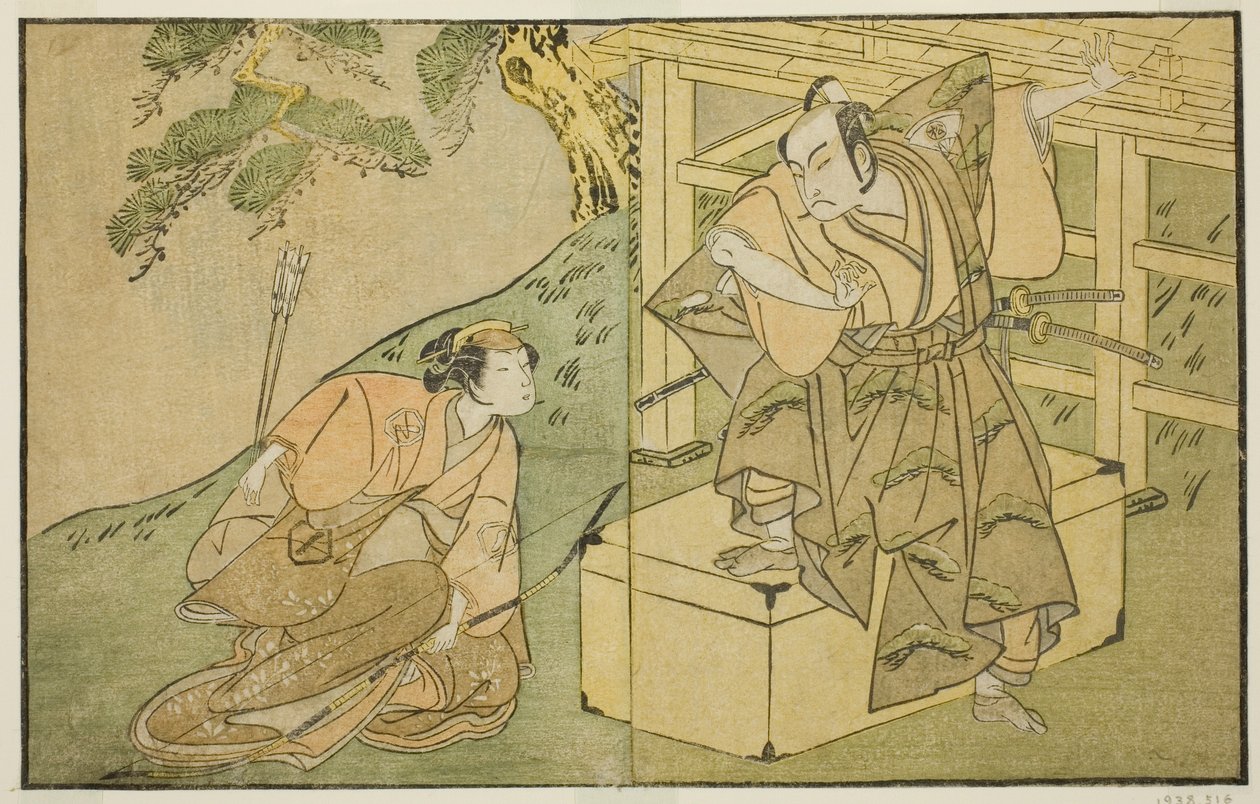 De Acteurs Onoe Matsusuke I als Akaboshi Taro (rechts), en Azuma Tozo II als Shirotae (links), in het Toneelstuk Kono Hana Yotsugi no Hachi no Ki, Opgevoerd in het Ichimura Theater in de Elfde Maand, 1771 door Katsukawa Shunsho