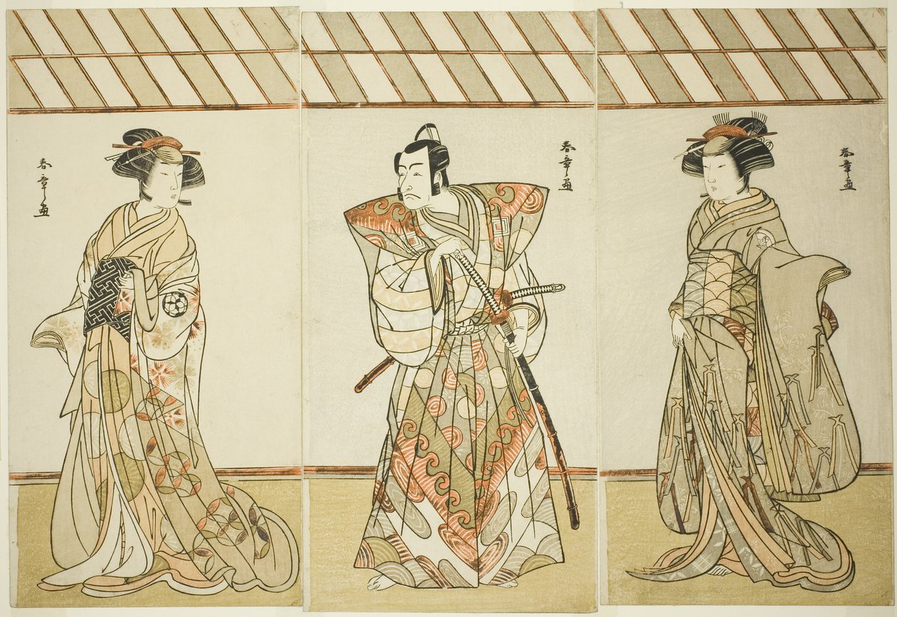 De acteurs Onoe Tamizo I als Nishikigi (?) of Otae (?), Ichikawa Danjuro V als Miura Heidayu Kunitae (?) en Osagawa Tsuneyo II als Oyuki (?), in het stuk Date Nishiki Tsui no Yumitori (?), uitgevoerd in het Morita Theater (?) door Katsukawa Shunsho