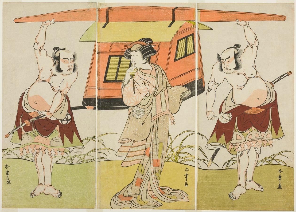 De acteurs Otani Hiroji III als Yokambei (rechts), Nakamura Tomijuro I als Kuzunoha (midden), en Bando Mitsugoro I als Yakambei (links), in de laatste scène van het stuk Shinodazuma, opgevoerd als aanvulling op het stuk Kikyo-zom door Katsukawa Shunsho