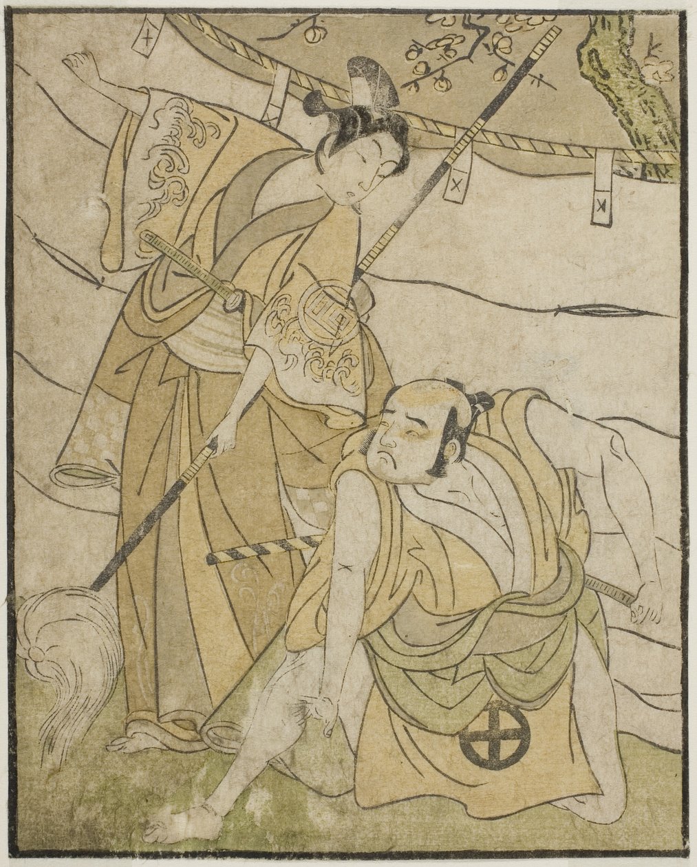 De acteurs Otani Tomoemon I als Emohei (rechts), en Sanogawa Ichimatsu II als Sanada Yoichi (links), in het stuk Myoto-giku Izu no Kisewata, uitgevoerd in het Ichimura Theater in de elfde maand, 1770 door Katsukawa Shunsho