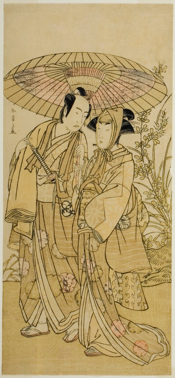 De Acteurs Segawa Kikunojo III (rechts) als Ochiyo, en Bando Mitsugoro I (links) als de Groenteboer Hambei, in het Toneelstuk Kabuki no Hana Bandai Soga, Opgevoerd in het Ichimura Theater in de Vierde Maand, 1781 door Katsukawa Shunsho