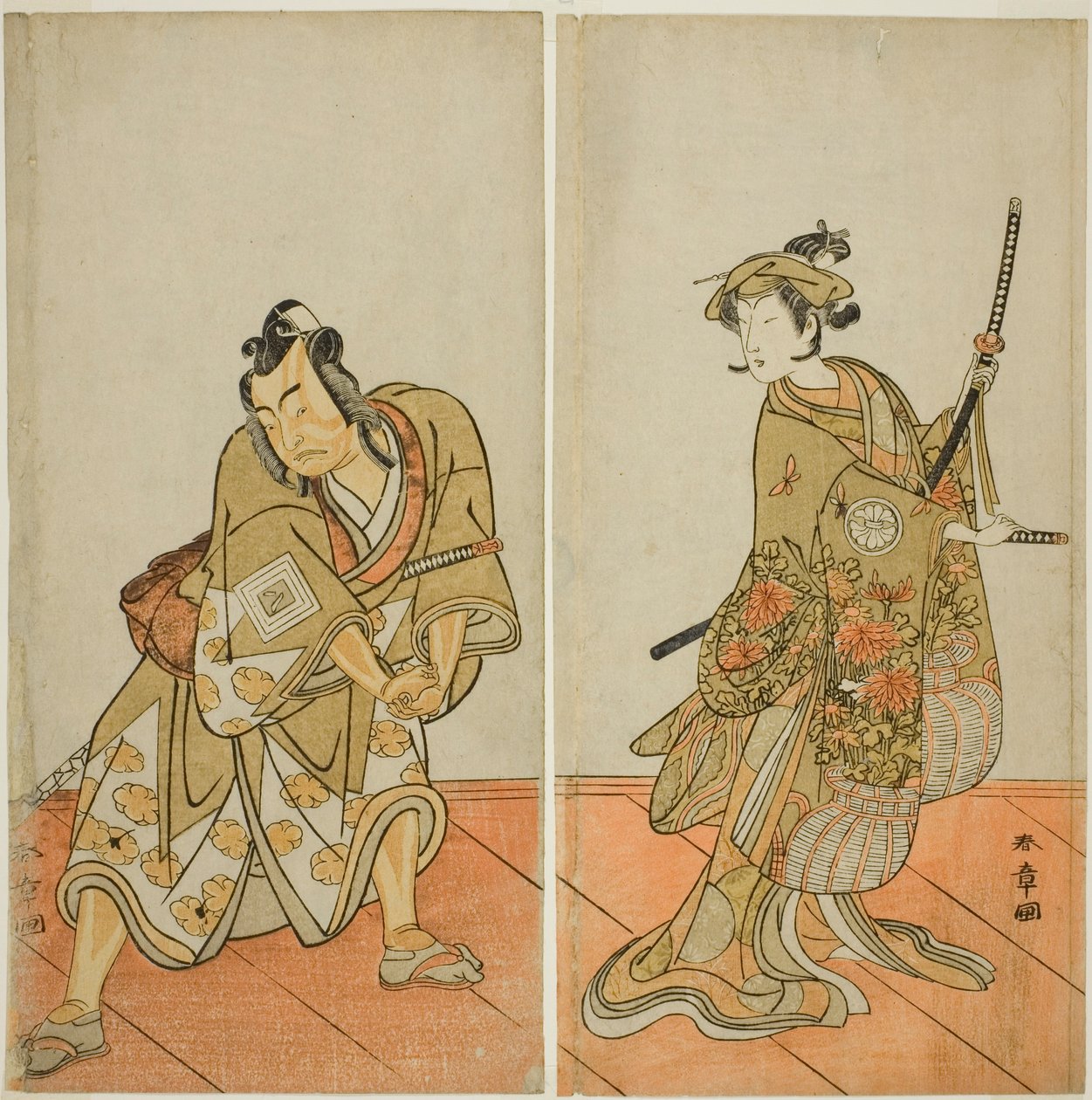 De acteurs Segawa Kikunojo III als Aigo no Waka (rechts), en Ichikawa Yaozo II als Hachio-maru Aratora (links), in het stuk Chigo Sakura Jusan Kane, uitgevoerd in het Ichimura Theater in de elfde maand, 1774 door Katsukawa Shunsho