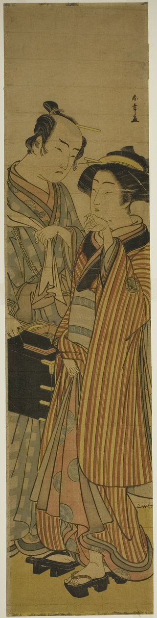 De acteurs Segawa Kikunojo III als Okoma (rechts), en Arashi Sangoro III als de kapper Obana Saizaburo (links), in het stuk Koi Musume Mukashi Hachijo, uitgevoerd in het Nakamura Theater in de derde maand, 1776 door Katsukawa Shunsho