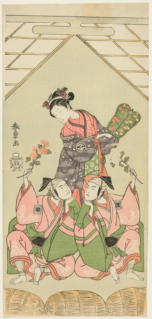 De acteurs Segawa Kikunojo II als de voedster Reizei, Ichikawa Komazo I als Suruga no Hachiro vermomd als shamisen-speler Kichiroku (rechts), en Ichikawa Yaozo II als Tada no Kurando vermomd als draagstoel-drager Kichinai (links), in de scène door Katsukawa Shunsho