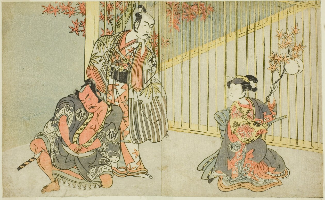 De acteurs Yamashita Kinsaku II als Mutsuhana (rechts), Bando Mitsugoro I als Kashiwagi no Emon (midden), en Nakamura Sukegoro II als Akamatsu Mushanosuke (links), in het stuk Fuki Kaete Tsuki mo Yoshiwara door Katsukawa Shunsho