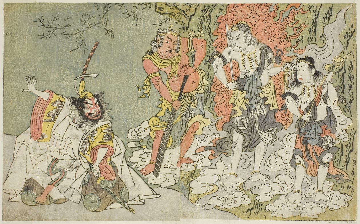 Het stuk Fuki Kaete Tsuki mo Yoshiwara (Herbedakt Dak: De Maan schijnt ook over het Yoshiwara Plezierdistrict), uitgevoerd in het Morita Theater in de elfde maand, c.1771-72 door Katsukawa Shunsho