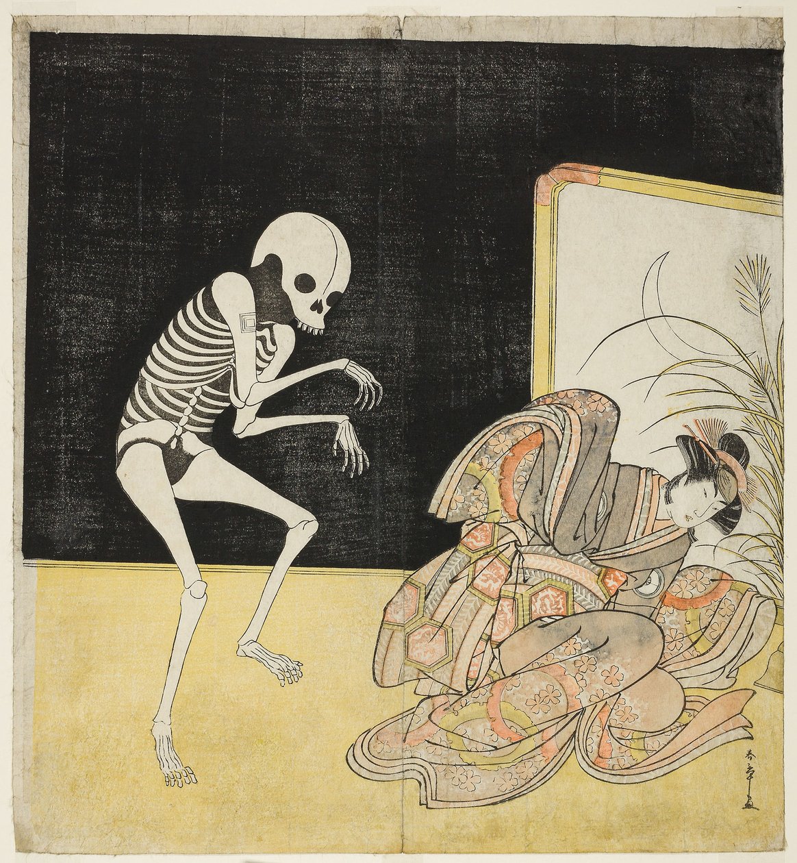 De acteurs Ichikawa Danjuro V als een skelet, geest van de afvallige monnik Seigen, en Iwai Hanshiro IV als Prinses Sakura, in het stuk 