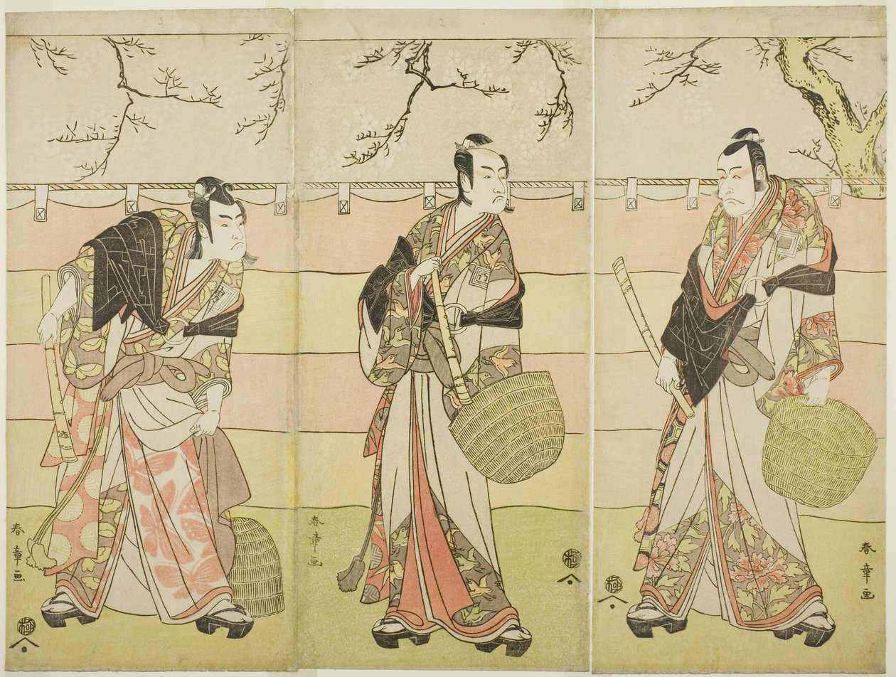 Drie Komuso Monniken: De Acteurs Ichikawa Ebizo (Danjuro V) als Kudo Suketsune (rechts), Ichikawa Monnosuke II als Soga no Juro Sukenari (midden), en Ichikawa Omezo I als Soga no Goro Tokimune (links), in Act Zes van het Toneelstuk Waka Murasaki Edokko Sog door Katsukawa Shunsho