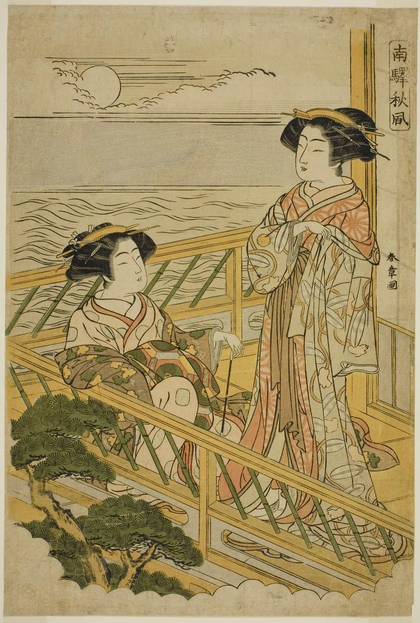 Twee courtisanes op een balkon bij maanlicht in een plezierhuis in Shinagawa, uit de serie "Nan
