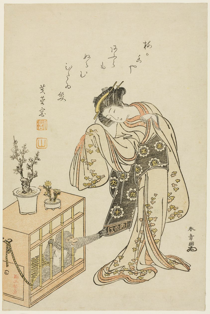 Jonge Vrouw met een Aap in een Kooi (Kalenderafbeelding voor Nieuwjaar 1776) door Katsukawa Shunsho