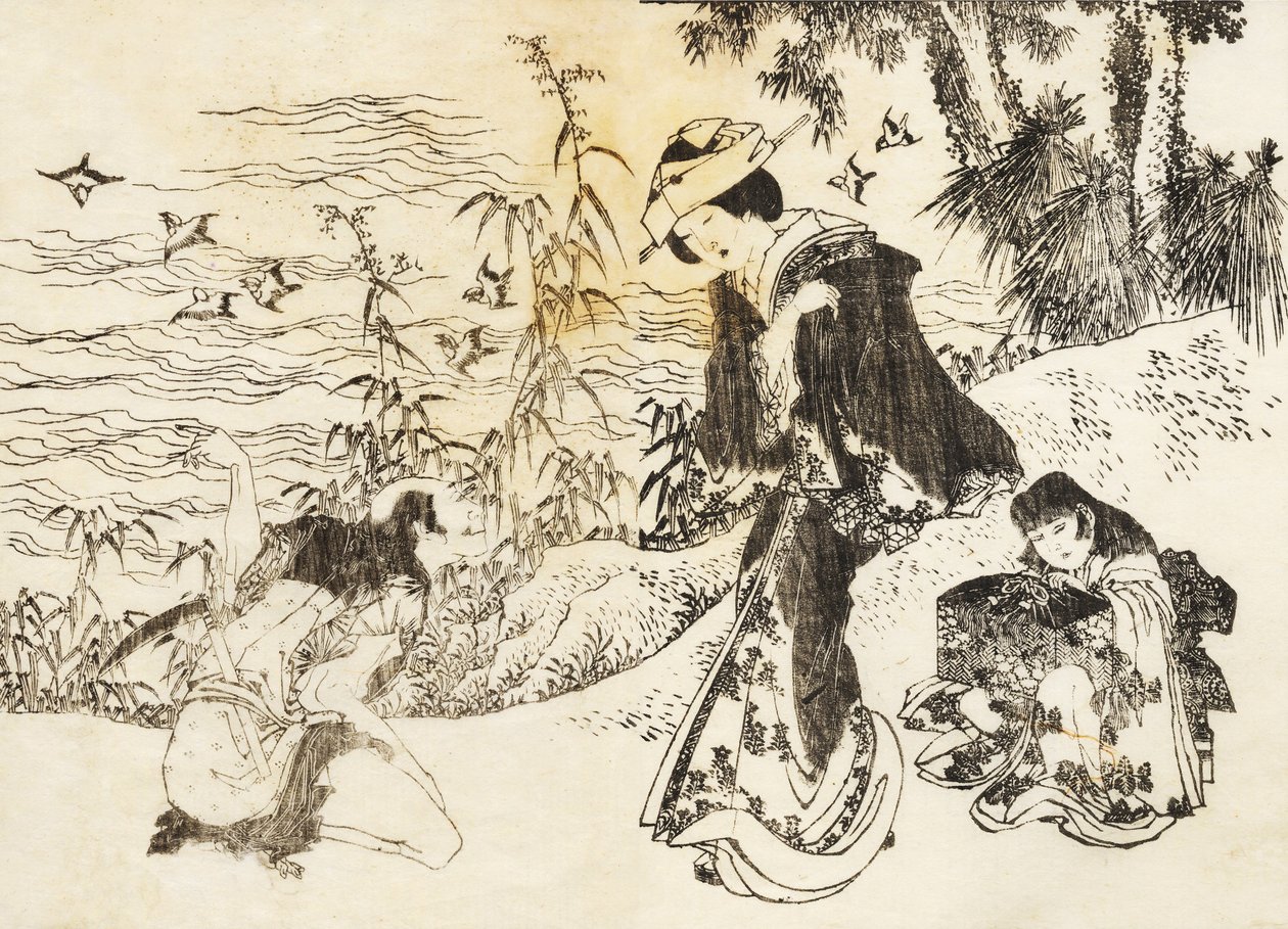 Een bruid is onderweg met haar dienstmeid door Katsushika Hokusai