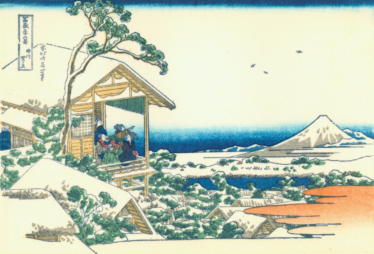 Theehuis in Koishikawa. De ochtend na een sneeuwval door Katsushika Hokusai