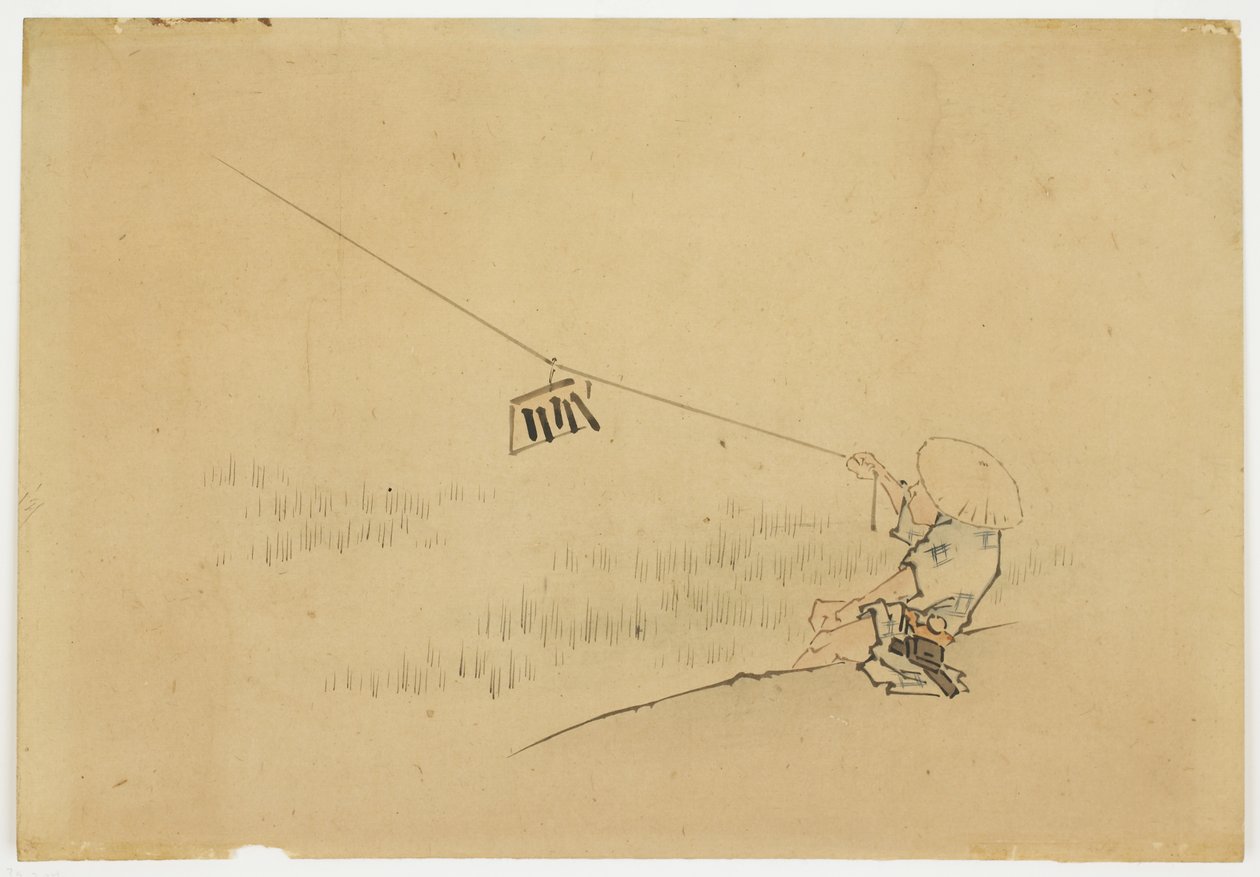 Boer vlieger met vogelklapper, ca. 1850 door Katsushika (school of) Hokusai