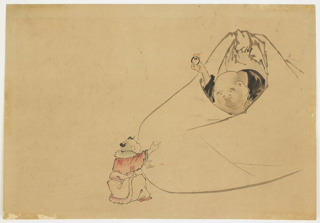 Hotei Biedt een Brandend Juweel aan een Kleine Jongen door Katsushika (school of) Hokusai
