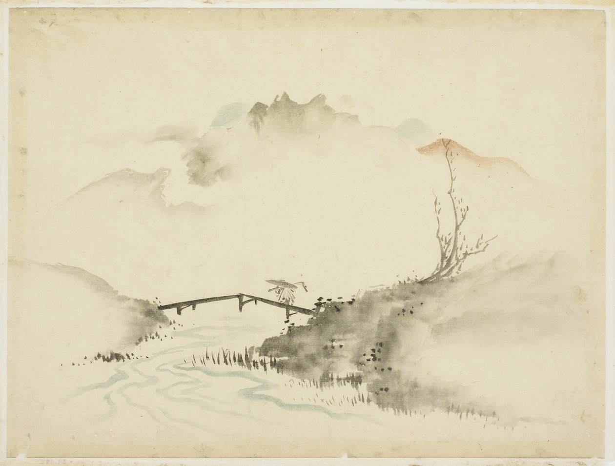 Landschap met Boer die Brug Oversteekt door Katsushika (school of) Hokusai