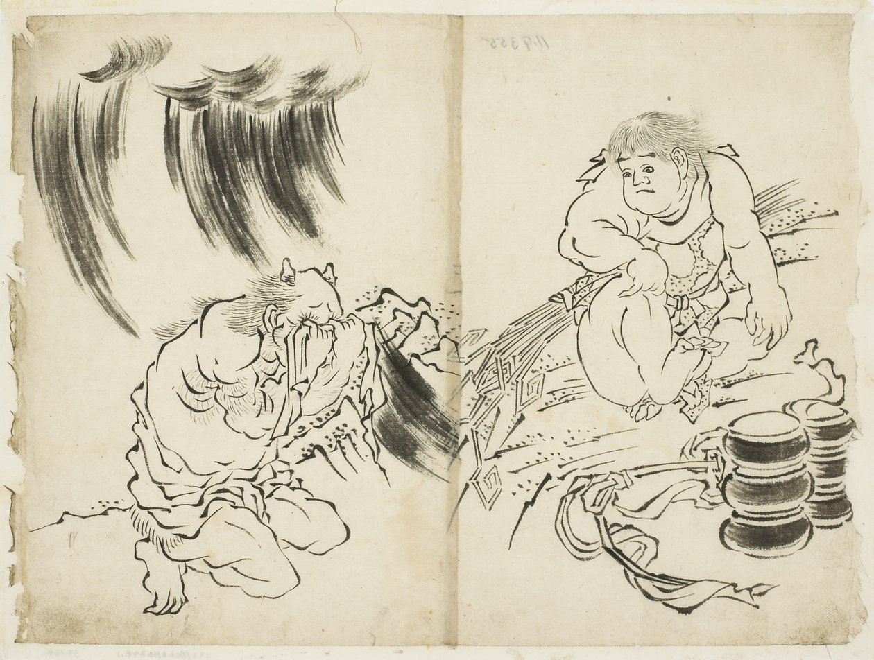 Personificatie van Storm met Kintaro en Huilende Oni door Katsushika (school of) Hokusai