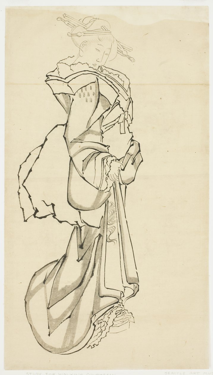Wandelende Courtisane (studie) door Katsushika (school of) Hokusai