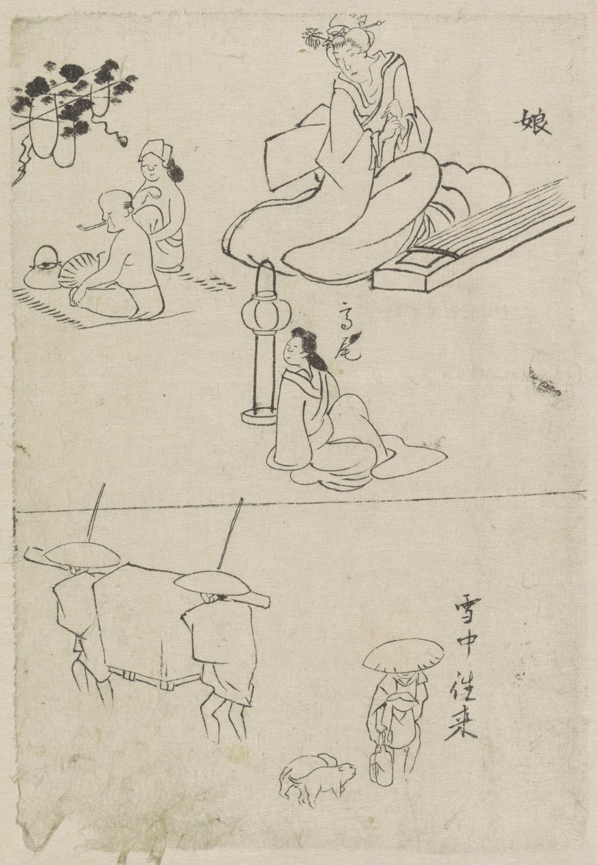 Diverse voorstellingen, onder andere van een dame met een koto, een zittende dame en twee mannen door After Katsushika Hokusai