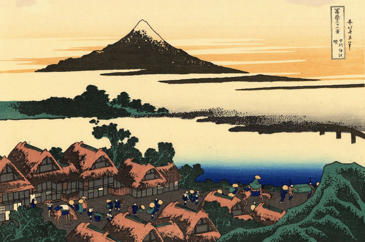 36 uitzichten op de berg Fuji, Japan: zonsopgang in Isawa in de provincie Kai, Japan door Katsushika Hokusai