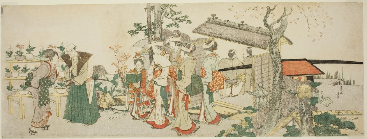 Een groep jonge vrouwen die de tuin van een tuinier binnengaan door Katsushika Hokusai