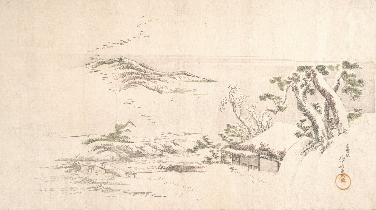 Een met sneeuw bedekt landschap met grijze wolken, ca. 1800 door Katsushika Hokusai