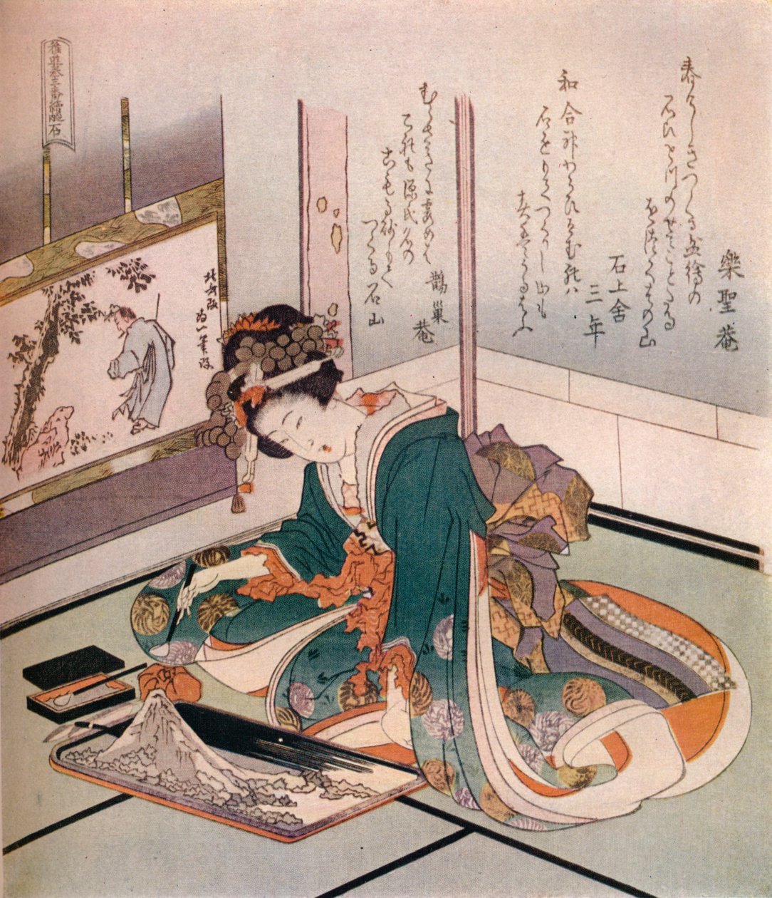 Een vrouw die een miniatuurmodel van de berg Fuji maakt, c1823 door Katsushika Hokusai