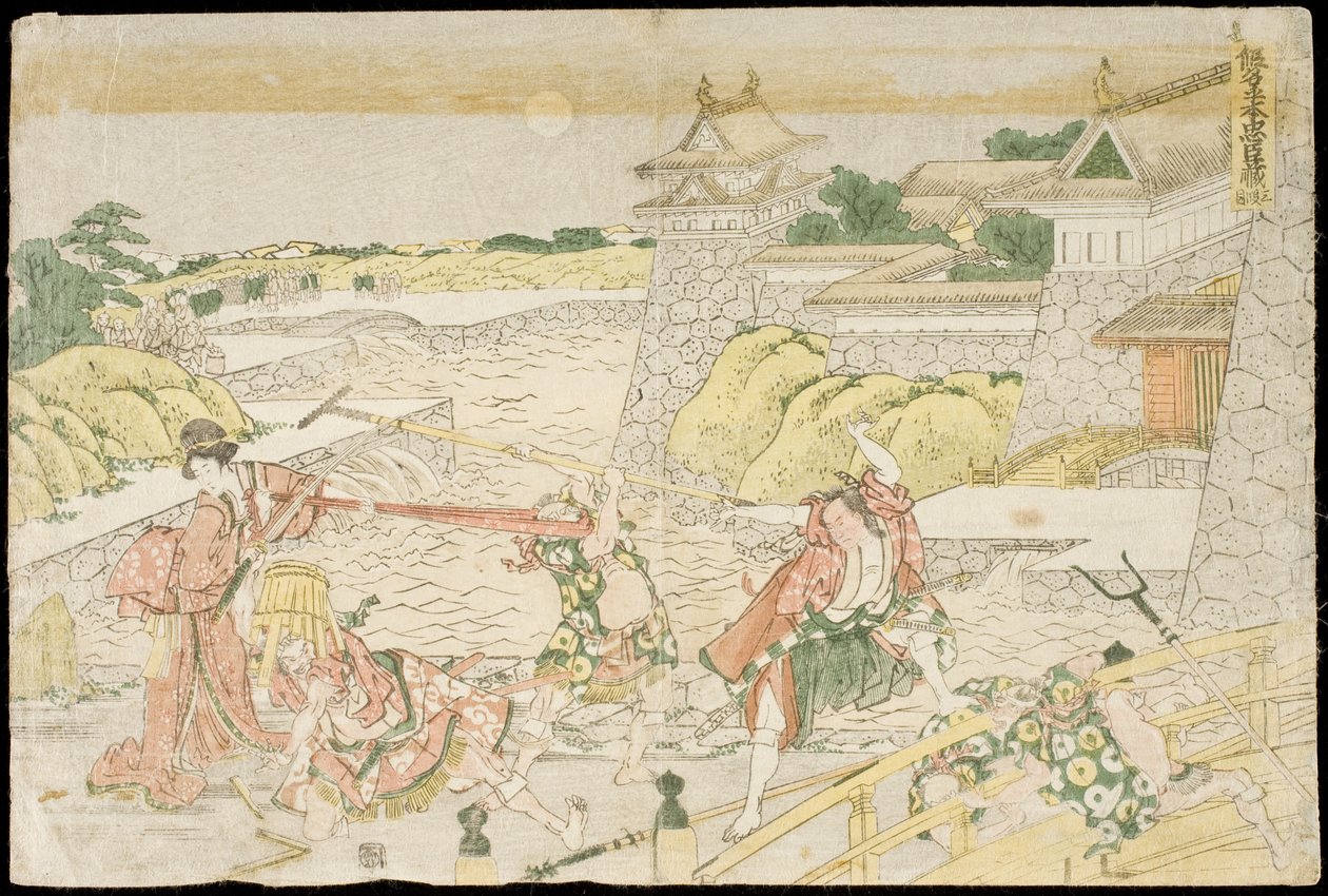 Derde bedrijf uit het toneelstuk Kanadehon Chūshingura, „Een kana-leerboek over de schat van de trouwe vasallen“ door Katsushika Hokusai