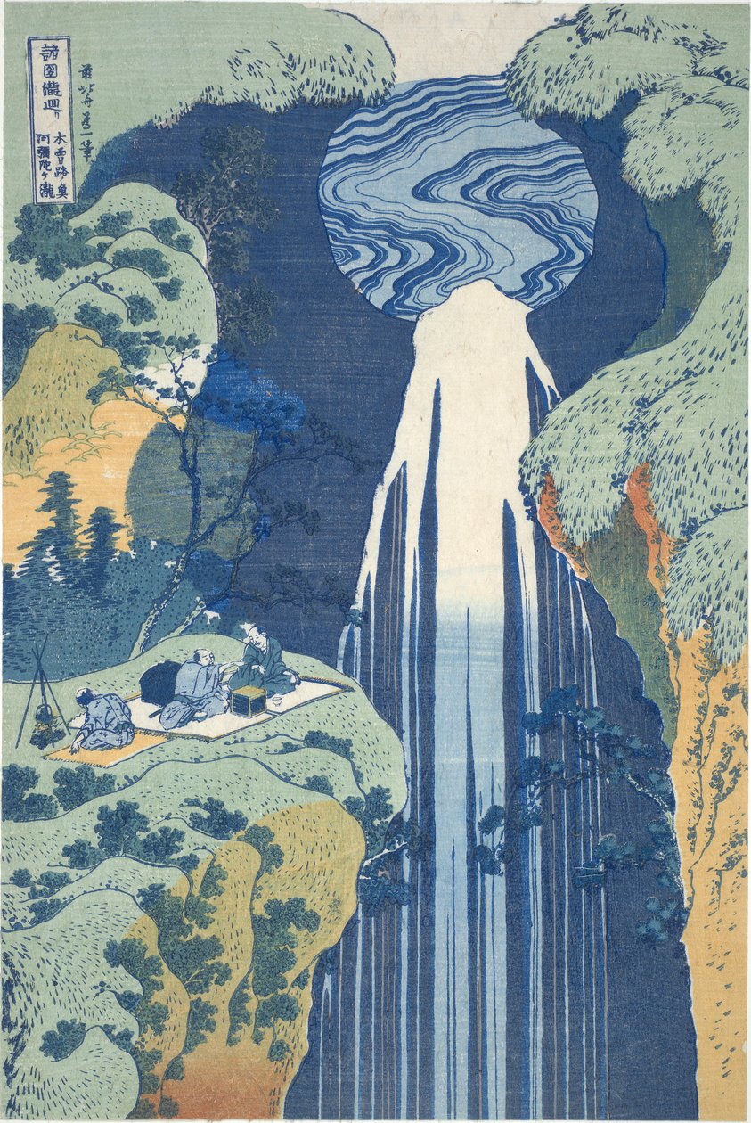 Amida-waterval diep in de verte op de Kiso-weg, uit de serie Tour van watervallen in verschillende provincies door Katsushika Hokusai