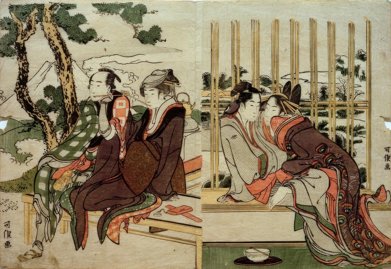 Azuma en Yogoro in de Oude Sneeuw. Koman en Yosaku in de Avondrood door Katsushika Hokusai
