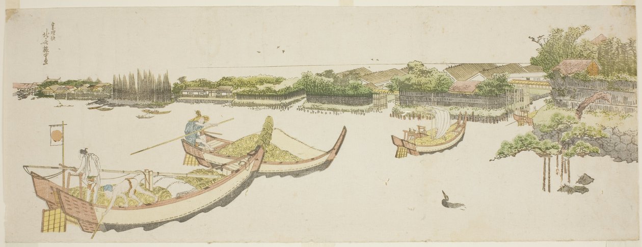 Boten die rijst vervoeren op de Sumida-rivier door Katsushika Hokusai