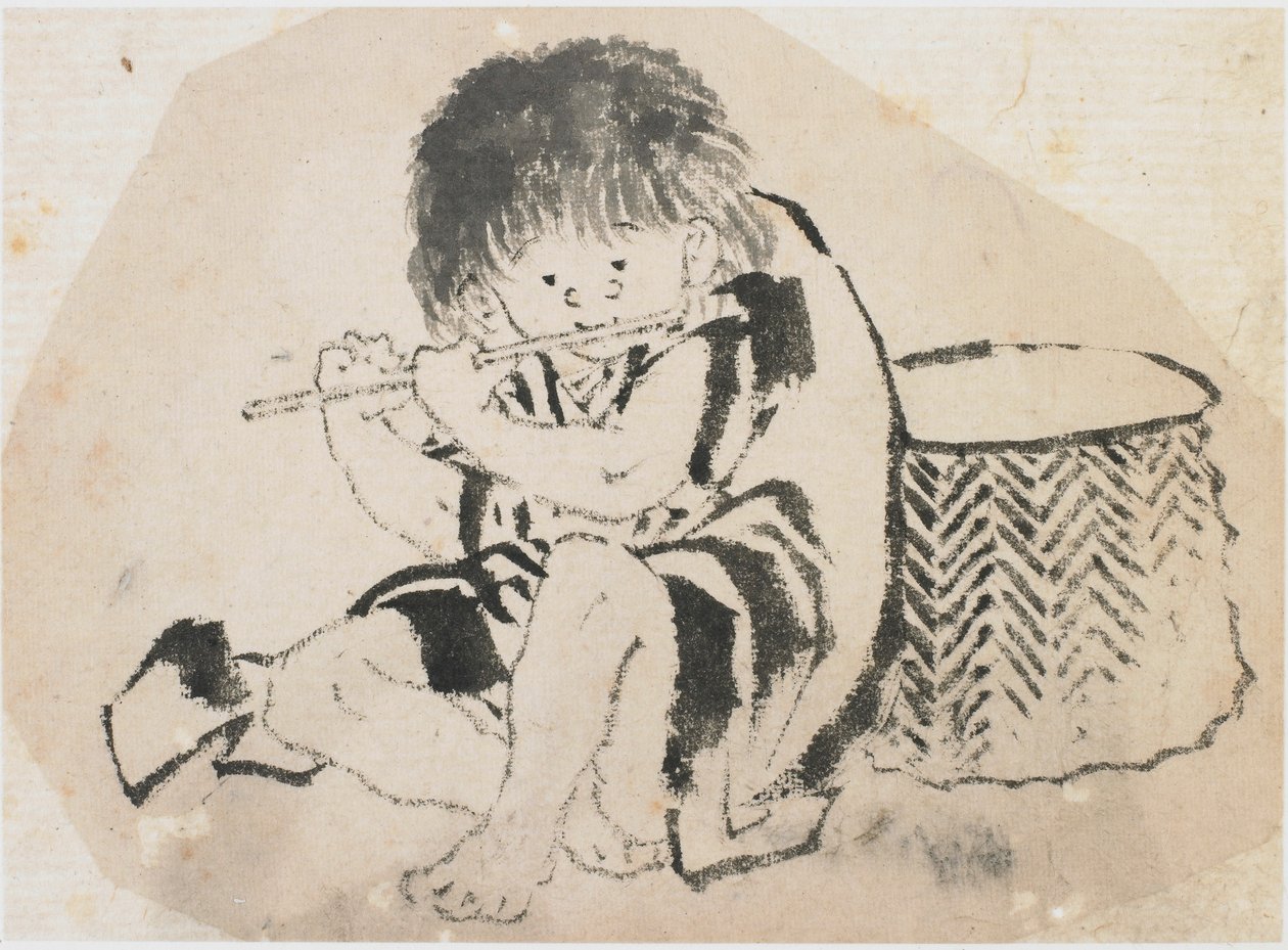 Jongen die fluit speelt, Edo-periode, ca. 1840 door Katsushika Hokusai