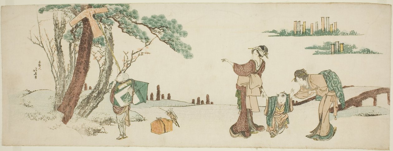 Jongen die een vlieger oplaat door Katsushika Hokusai