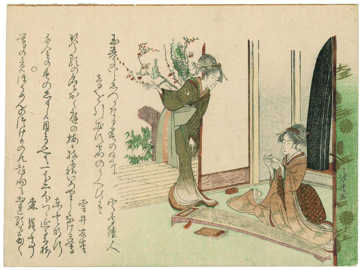 Kalenderprent met twee mooie vrouwen door Katsushika Hokusai