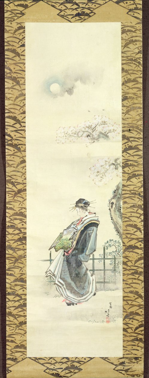 Courtisane op wandel (pen en inkt met was op papier) door Katsushika Hokusai