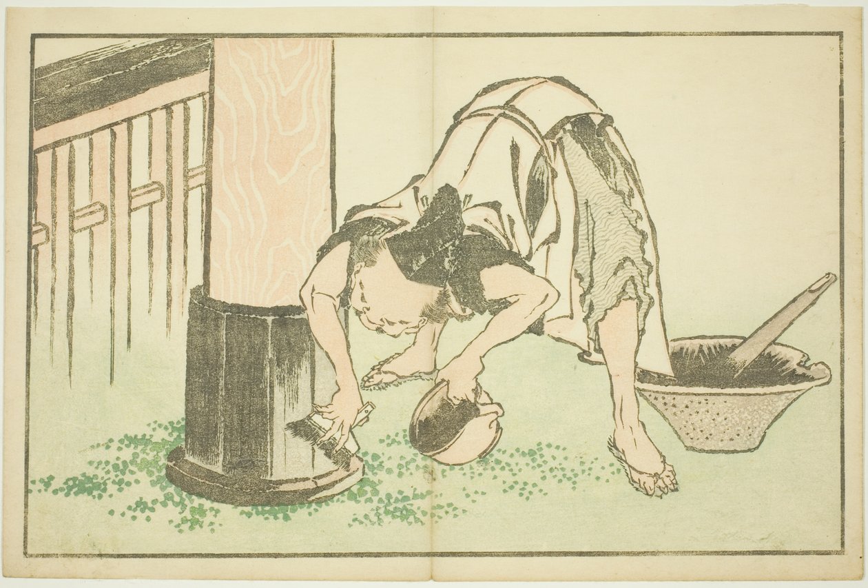 Ambachtsman werkt aan tempel, uit Het prentenboek van realistische schilderijen van Hokusai (Hokusai shashin gafu) door Katsushika Hokusai