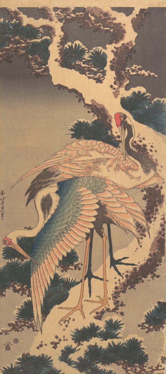 Kraanvogels op Tak van Met Sneeuw Bedekte Pijnboom door Katsushika Hokusai
